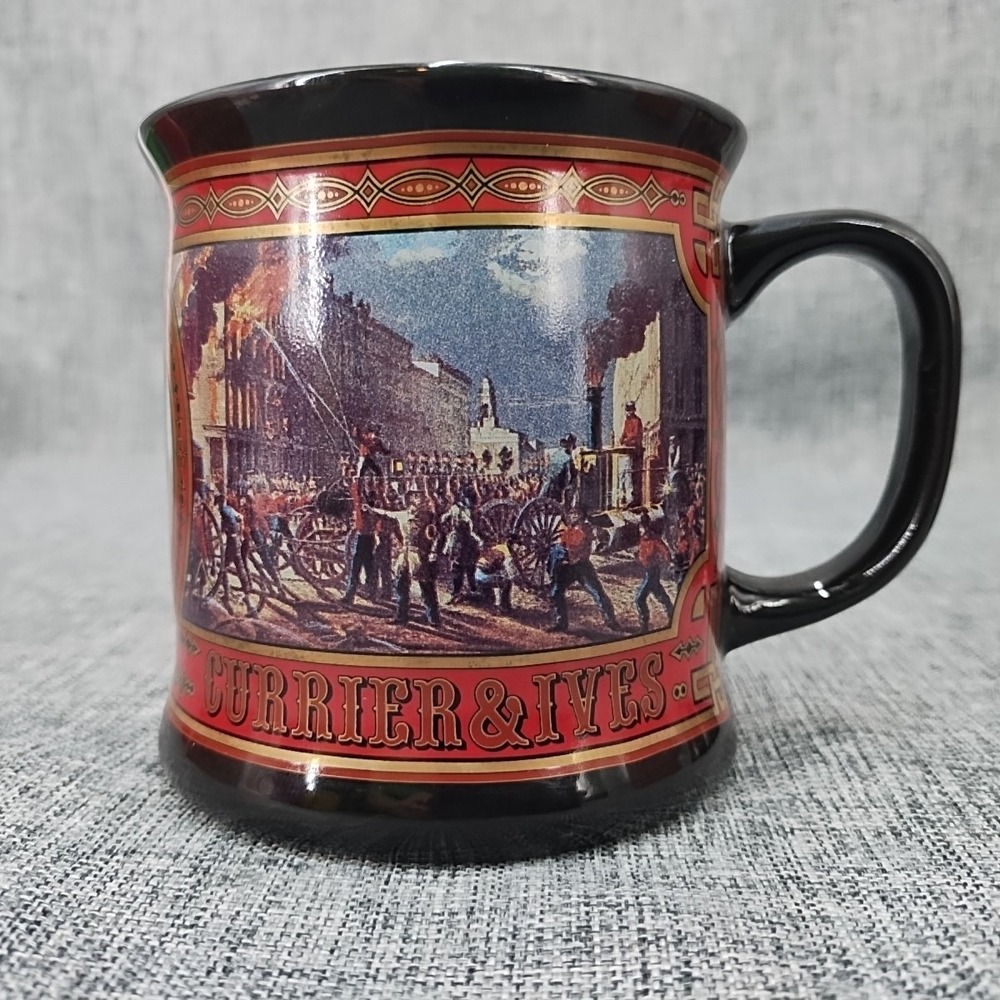 NOS VTG Set Of 2 Enesco Currier & Ives Firefighters Mug Museum Of New York City - Picture 4 of 13
